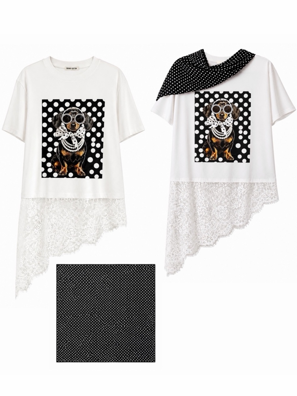 New Denim Love Dachshund Brown Dog White Lace Edge T-Shirt Black Polka Dot Scarf